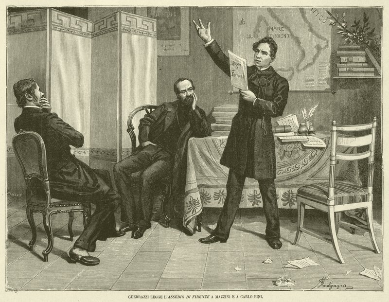 Guerrazzi leest het beleg van Florence aan Mazzini en Carlo Bini (gravure) door Italian School