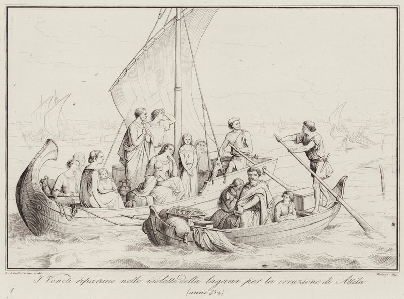 De Venetianen vluchten naar de eilandjes van de lagune voor de inval van Attila, 452 door Italian School