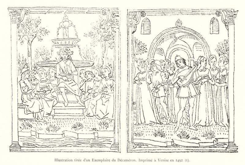 Illustratie uit een exemplaar van de Decameron, gedrukt in Venetië in 1492, I (gravure) door Italian School