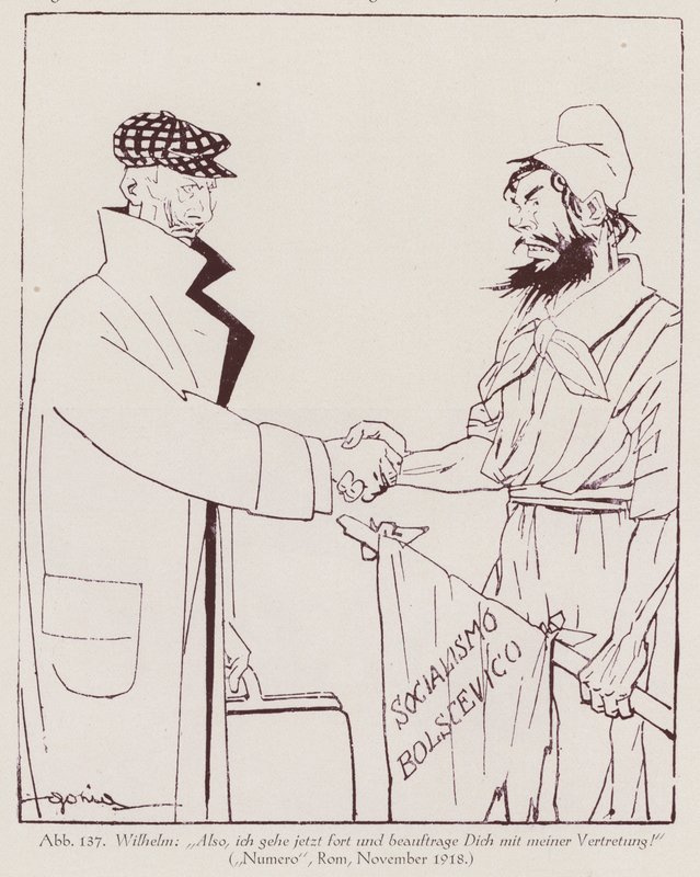 Kaiser Wilhelm II draagt de macht over aan het bolsjewistische socialisme (litho) door Italian School