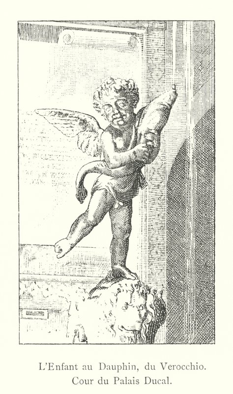 Het kind met de dolfijn, van Verocchio, Hof van het Hertogelijk Paleis (gravure) door Italian School