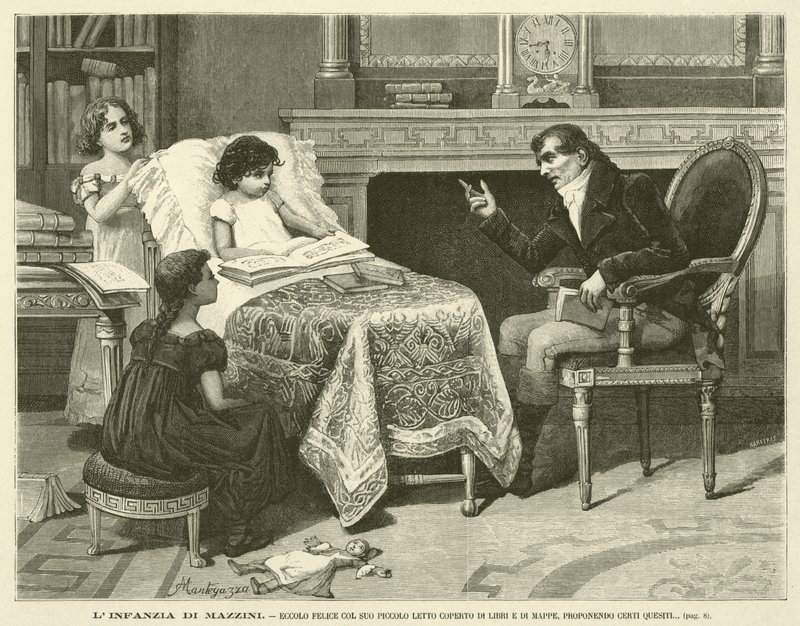 De jeugd van Mazzini, gelukkig met zijn kleine bed bedekt met boeken en kaarten, bepaalde vragen stellend (gravure) door Italian School