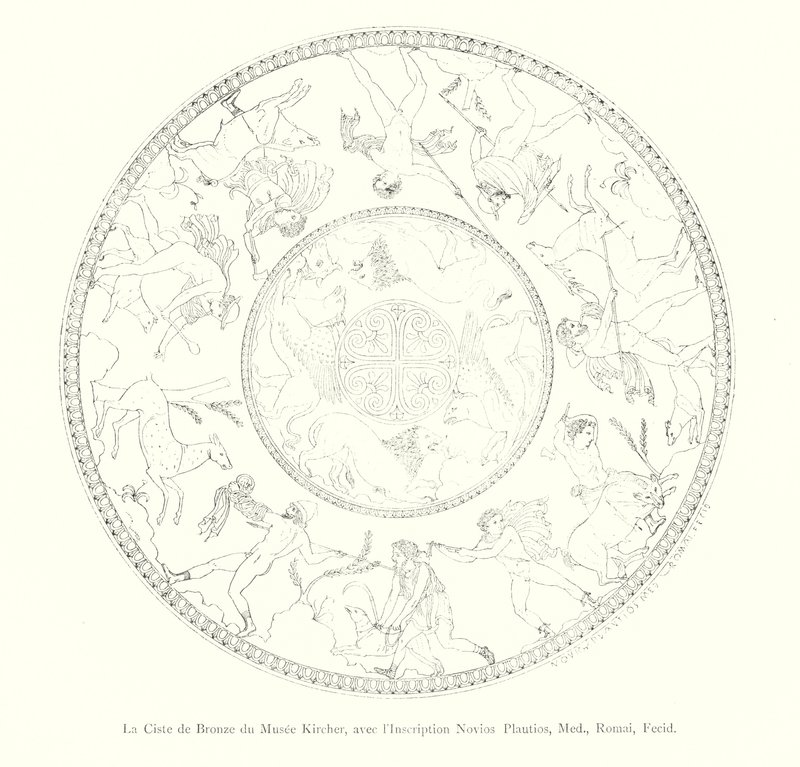 De Bronzen Ciste van het Kircher Museum, met de Inscriptie Novios Plautios, Med, Romai, Fecid (gravure) door Italian School