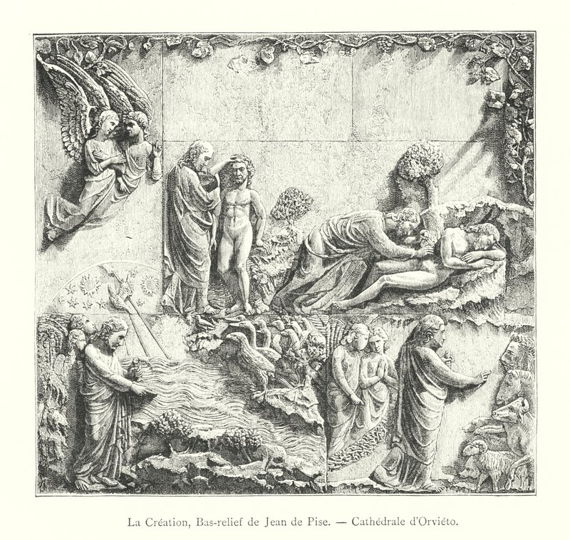 De Schepping, Bas-reliëf van Giovanni Pisano, Kathedraal van Orvieto (gravure) door Italian School