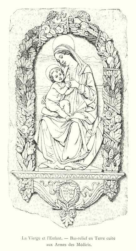 De Maagd en het Kind, Bas-reliëf in Terracotta met de Wapens van de Medici (gravure) door Italian School
