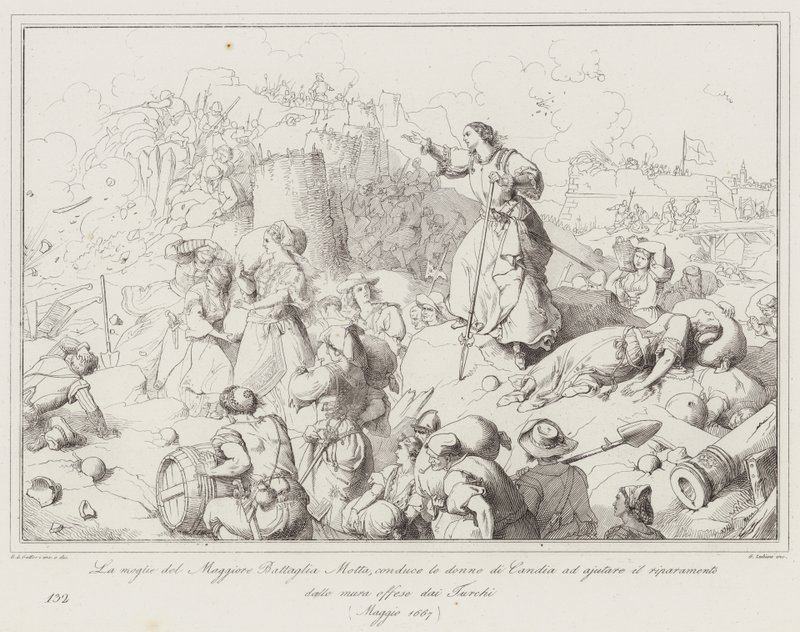 De vrouw van majoor Battaglia Motta, leidt de vrouwen van Candia om te helpen bij de reparatie van... (gravure) door Italian School