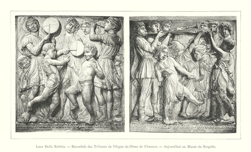Luca Della Robbia, Bas-reliëfs van de Tribunes van het Orgel van de Dom van Florence, Nu in het Bargello Museum (gravure) door Italian School
