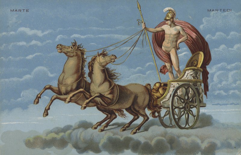 Mars in zijn strijdwagen (kleurenlitho) door Italian School