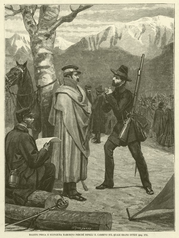 Mazzini bidt en smeekt Ramorino om de weg te hervatten waarop ze het eens waren (gravure) door Italian School