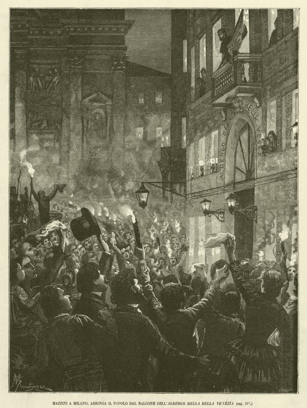 Mazzini in Milaan, spreekt het volk toe vanaf het balkon van het Albergo Della Bella Venezia (gravure) door Italian School