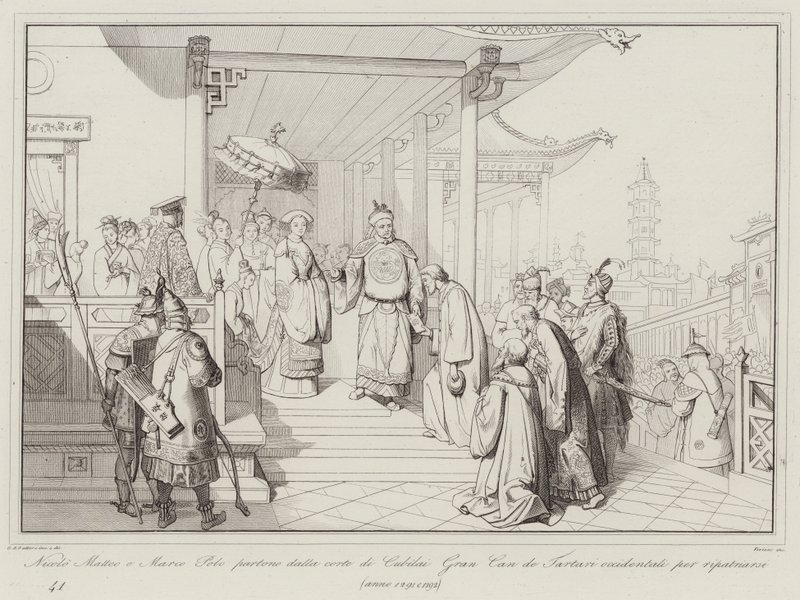 Nicolo Matteo en Marco Polo vertrekken van het hof van Kubilai Khan om terug te keren naar hun vaderland door Italian School