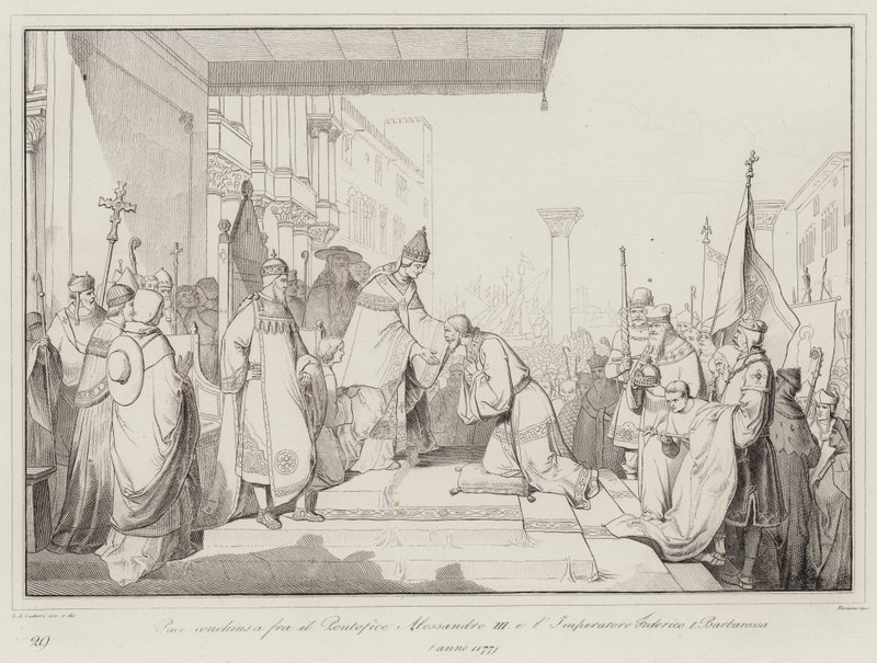 Vrede gesloten tussen Paus Alexander III en Keizer Frederik I Barbarossa door Italian School
