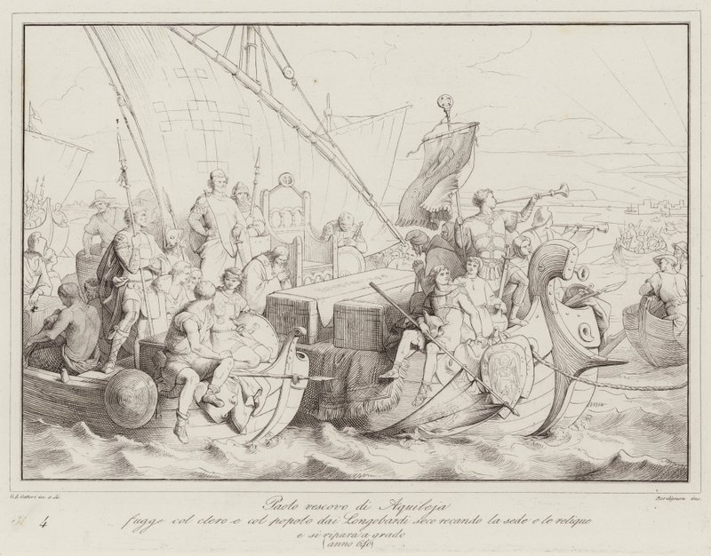 Paolo, bisschop van Aquileja, vlucht met de geestelijkheid en het volk voor de Longobarden, met zich meebrengend de zetel... (gravure) door Italian School