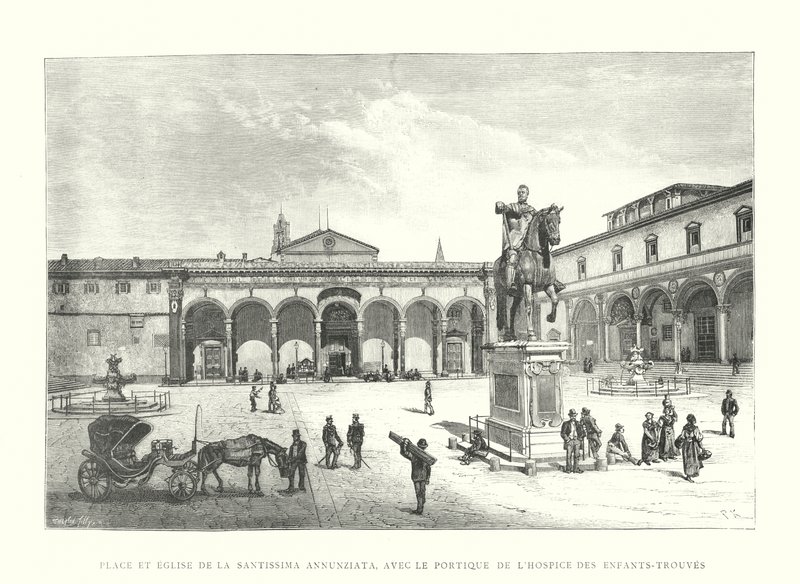Plein en kerk van de Santissima Annunziata, met de portiek van het weeshuis (gravure) door Italian School