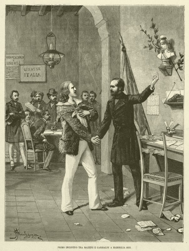 Eerste ontmoeting tussen Mazzini en Garibaldi in Marseille 1833 (gravure) door Italian School