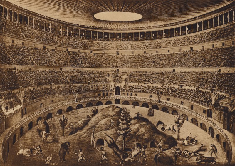Roma / Rome: Interieur van het Colosseum, De jacht op de beurzen, historische reconstructie (litho) door Italian School