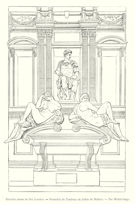 Nieuwe sacristie van San Lorenzo, geheel van het graf van Julien de Medicis, door Michelangelo (gravure) door Italian School