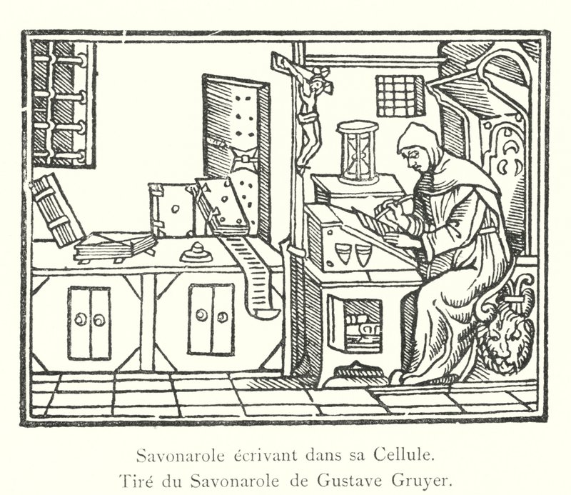 Savonarola schrijft in zijn Cel, Uit de Savonarola van Gustave Gruyer door Italian School