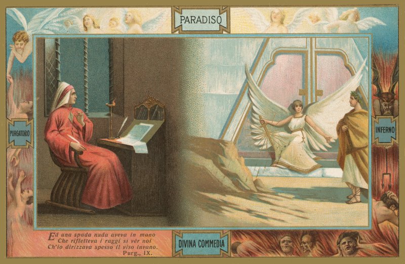 Scène uit de Goddelijke Komedie van Dante (chromolitho) door Italian School