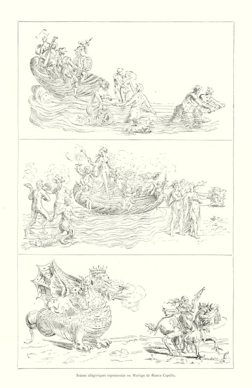 Allegorische scènes voorgesteld bij het huwelijk van Bianca Capello (gravure) door Italian School