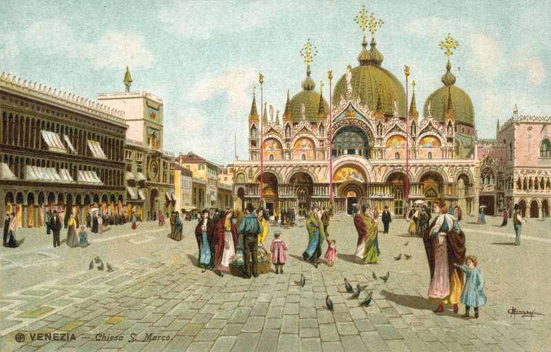 San Marcoplein, Venetië (kleurenlitho) door Italian School