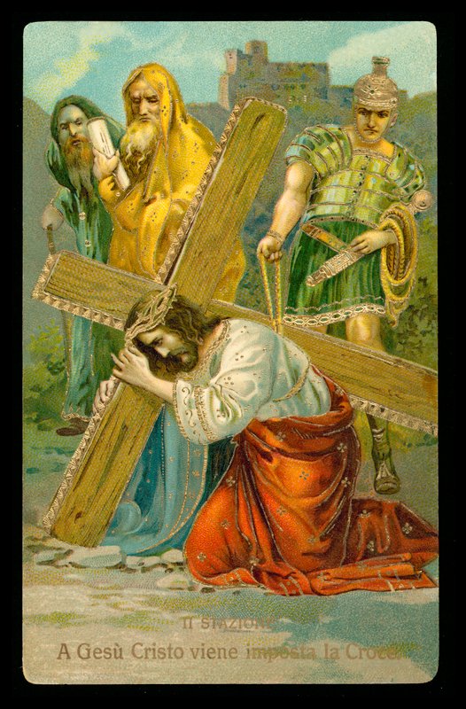 De kruisweg (uit een set van 14) (kleurenlitho) door Italian School
