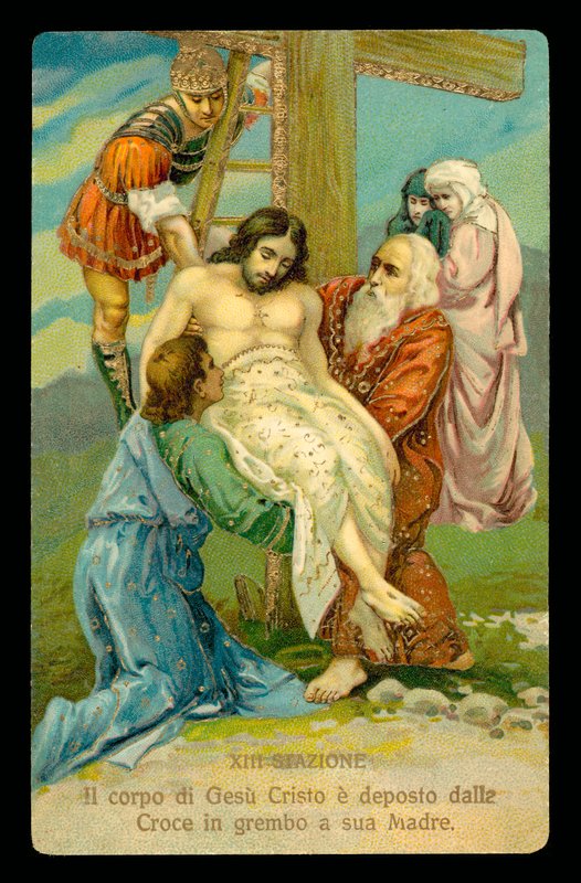 De kruisweg (uit een set van 14) (kleurenlitho) door Italian School