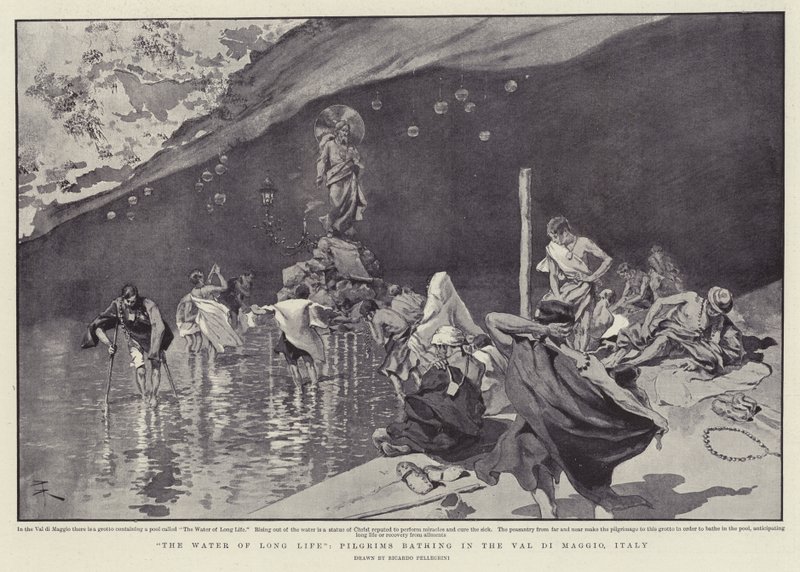 "Het water van het lange leven", pelgrims badend in de Val di Maggio, Italië (litho) door Italian School
