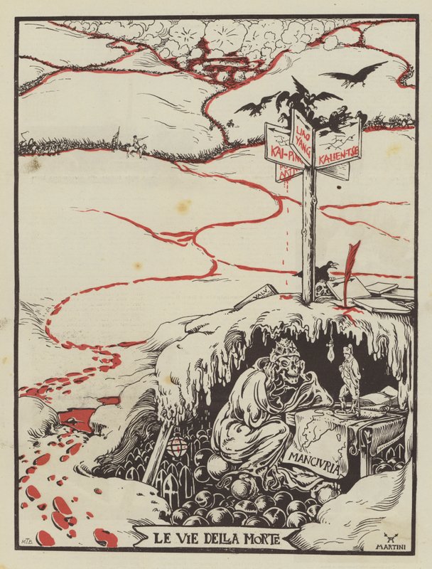 De wegen van de dood (kleurenlitho) door Italian School