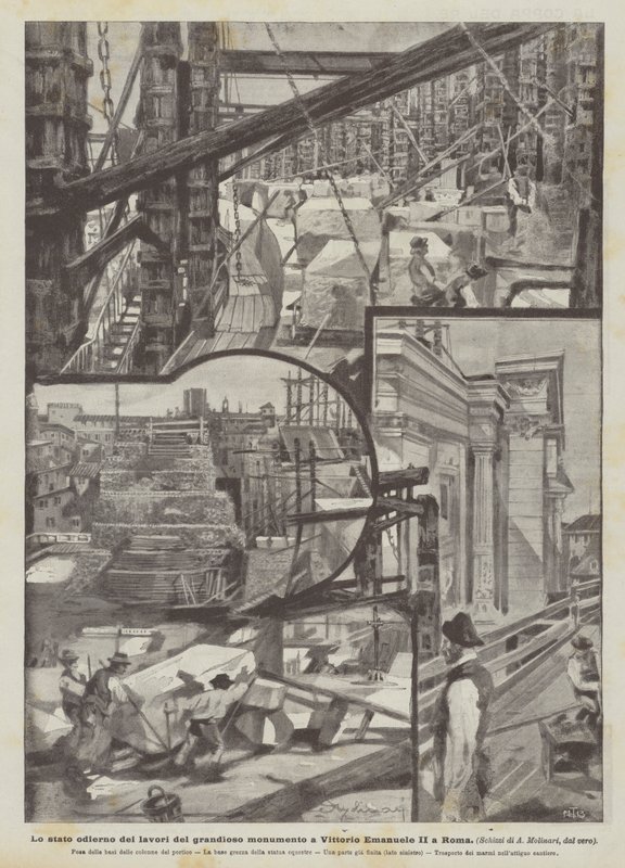 De huidige staat van de werkzaamheden aan het grandioze monument voor Vittorio Emanuele II in Rome (litho) door Italian School