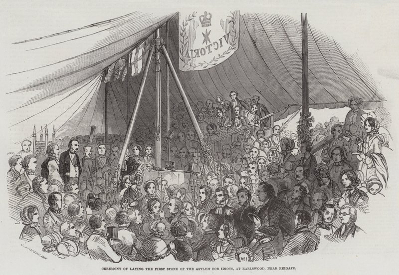 Ceremonie van het Leggen van de Eerste Steen van het Asiel voor Idioten, bij Earlswood, nabij Reigate door J. Jackson