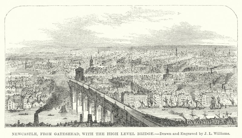 Newcastle, vanaf Gateshead, met de High Level Bridge (gravure) door J.L. (after) Williams