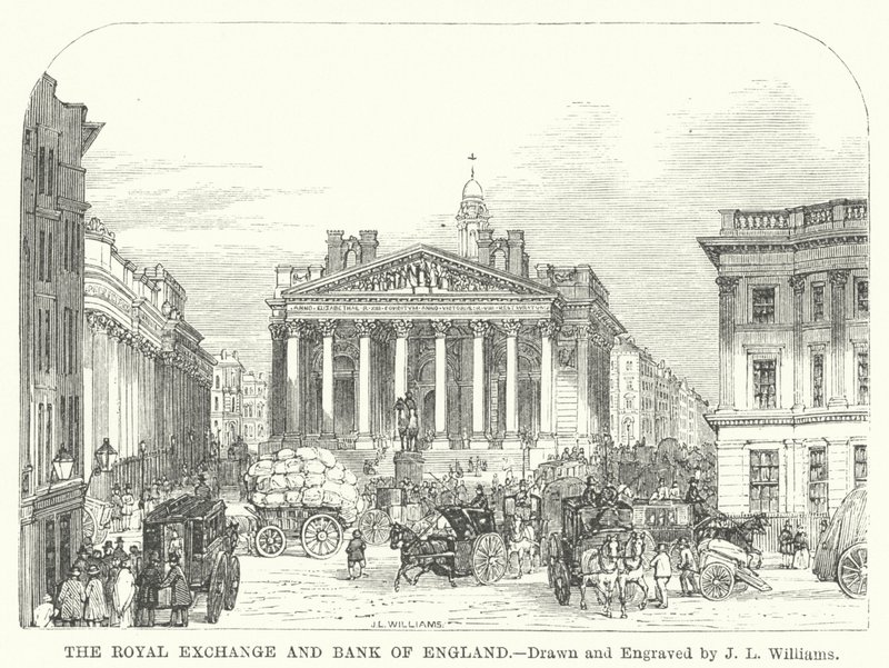 De Royal Exchange en Bank of England (gravure) door J.L. (after) Williams