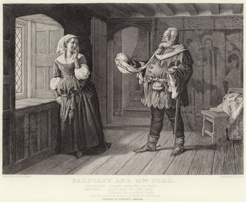 Falstaff en mevrouw Ford, Merry Wives of Windsor, Act III, Scene III door J.M.L. Ralston