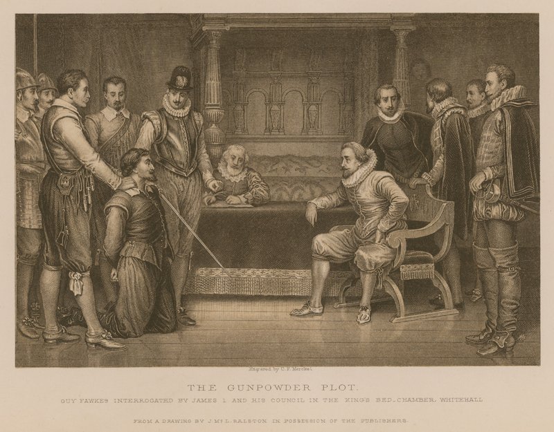 Het buskruitverraad; Guy Fawkes ondervraagd door koning James I en zijn raad in de slaapkamer van de koning, Whitehall door J.M.L. Ralston
