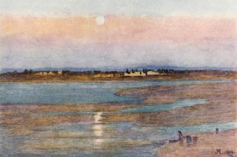 Maanopkomst bij zonsondergang, vanaf La Croix Blanche, Mont St Michel door J. Hardwicke Lewis