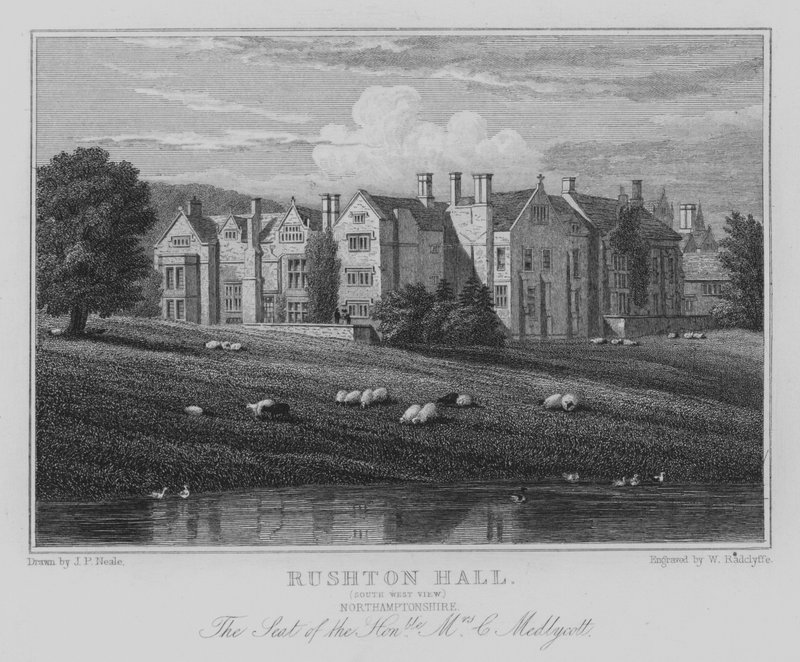 Rushton Hall, Zuidwest Zicht, Northamptonshire, De Zetel van de Eerbare Mevrouw C Medlycott door John Preston Neale