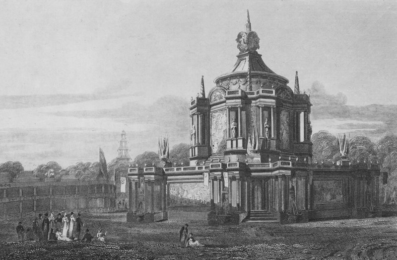 Tempel van Concord, in het Green Park, Middlesex, zoals het verscheen op 1 augustus 1814 door John Preston Neale