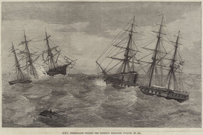 HMS Immortalite vindt de verlaten Margaret Pollock op zee door J. Wells