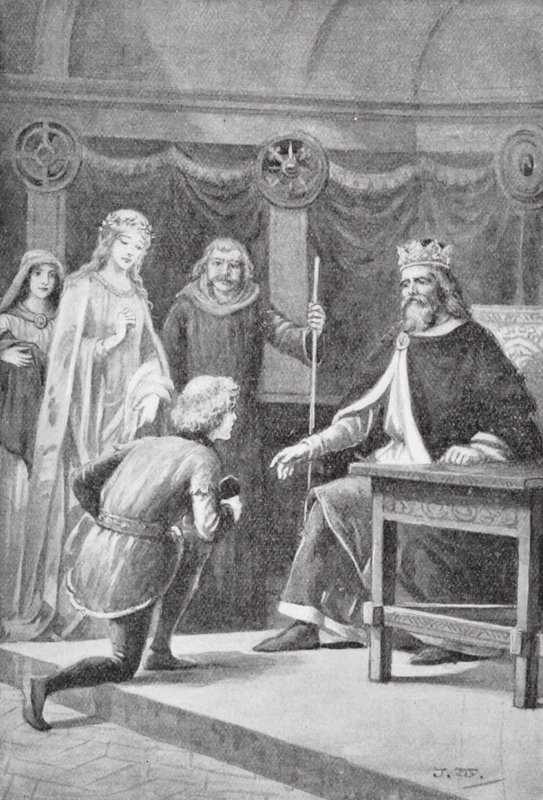 Gareth kwam om zijn tweede gunst te vragen, dat hij een van de ridders van de koning zou zijn en de dame zou mogen helpen (litho) door J. Williamson