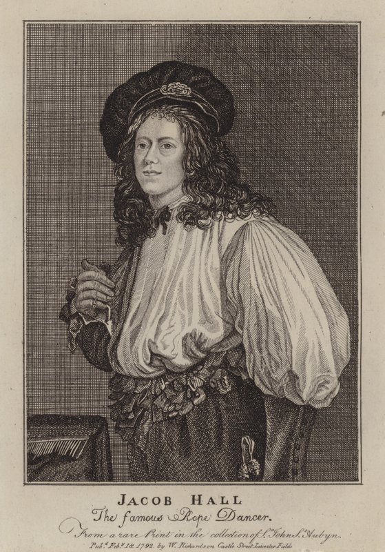 Jacob Hall, Engelse koorddanser en acrobaat actief tijdens het bewind van koning Charles II (gravure) door Jacob (after) Van Oost the Younger