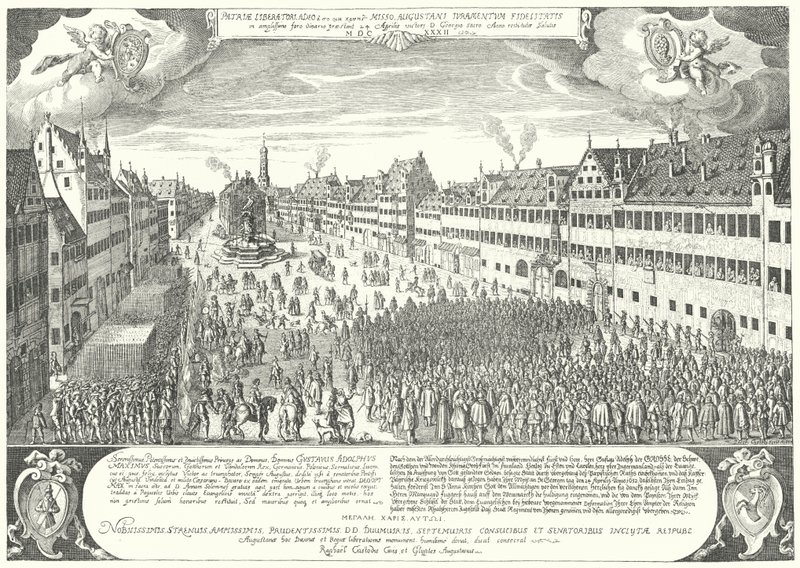 De stad Augsburg brengt hulde aan Gustavus Adolphus van Zweden door Jacob Custodis