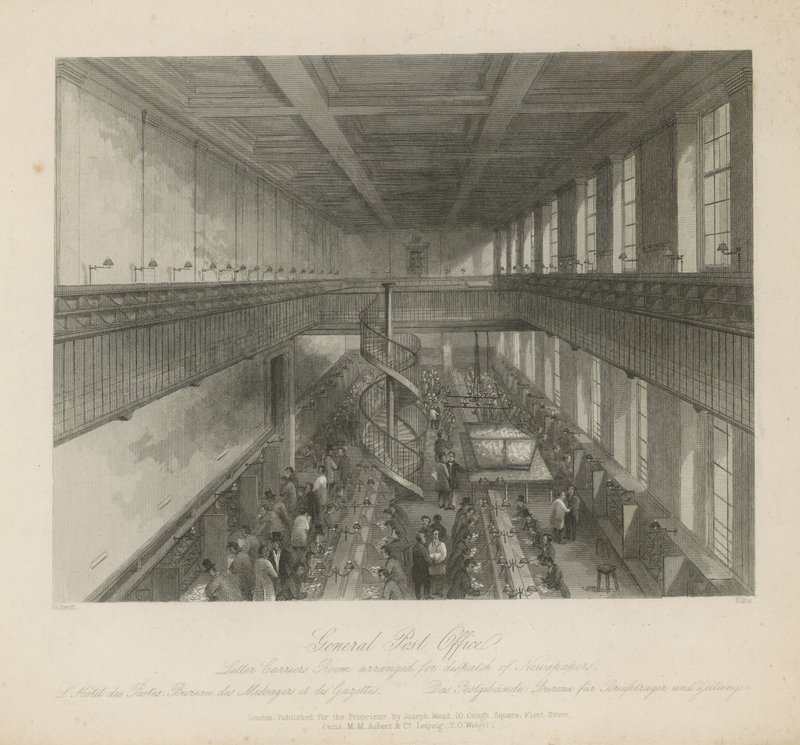 De kamer van de brievenbestellers ingericht voor de verzending van kranten door Jacob van der Heyden
