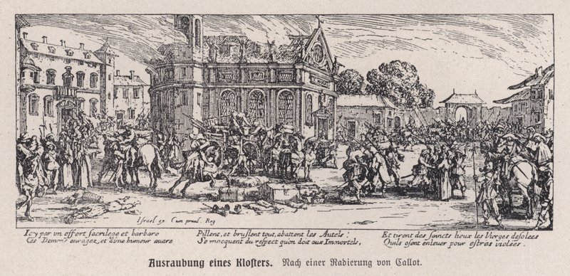 Vernietiging van een klooster tijdens de Dertigjarige Oorlog door Jacques (after) Callot
