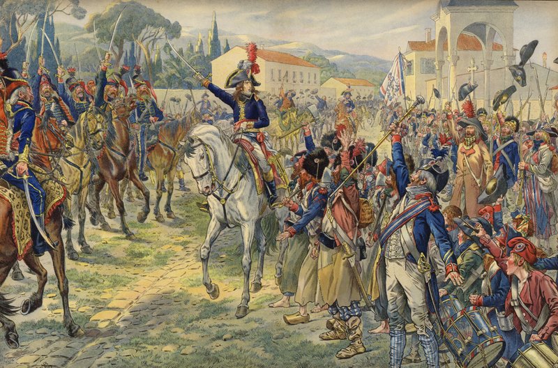 Napoleon Bonaparte bij zijn aankomst in de bezette stad Nice door Jacques Marie Gaston Onfray de Breville (Job)