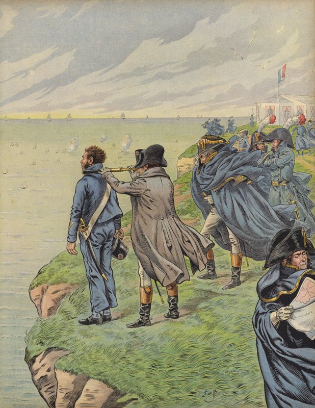Napoleon Bonaparte inspecteert zijn vloot terwijl ze vertrekken uit Boulogne door Jacques Marie Gaston Onfray de Breville (Job)