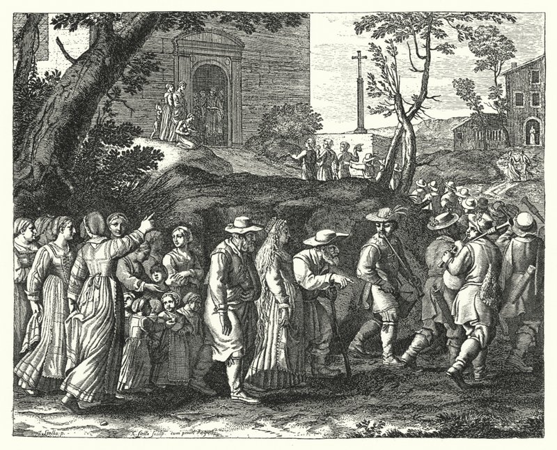 De dorpsbruiloft (gravure) door Jacques Stella