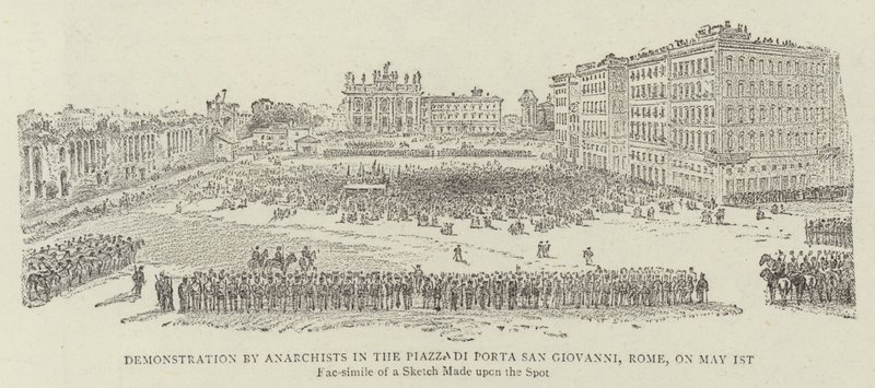 Demonstratie door anarchisten op het Piazza di Porta San Giovanni, Rome, op 1 mei 1891 door James A. Shearman
