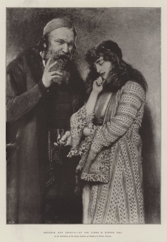 Shylock en Jessica, in de tentoonstelling van het Royal Institute of Painters in Water Colours door James Dromgole Linton
