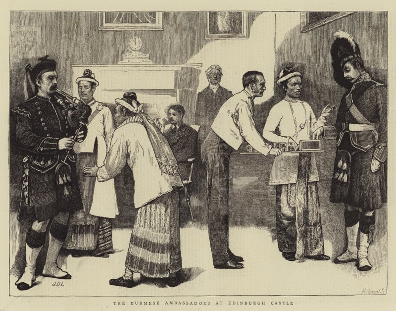 De Birmese ambassadeurs bij Edinburgh Castle door James Dromgole Linton